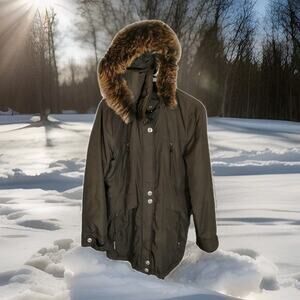 Sachi Collection Winter Parka Jacket Womens Large Brown Faux Fur Coat Long EUC